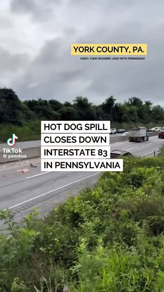 Cover for Over a thousand pounds of hot dogs spilled on a Pennsylvania highway after a truck accident! 🚚🌭 #YorkCounty #HotDogSpill #TrafficChaos #ViralNews