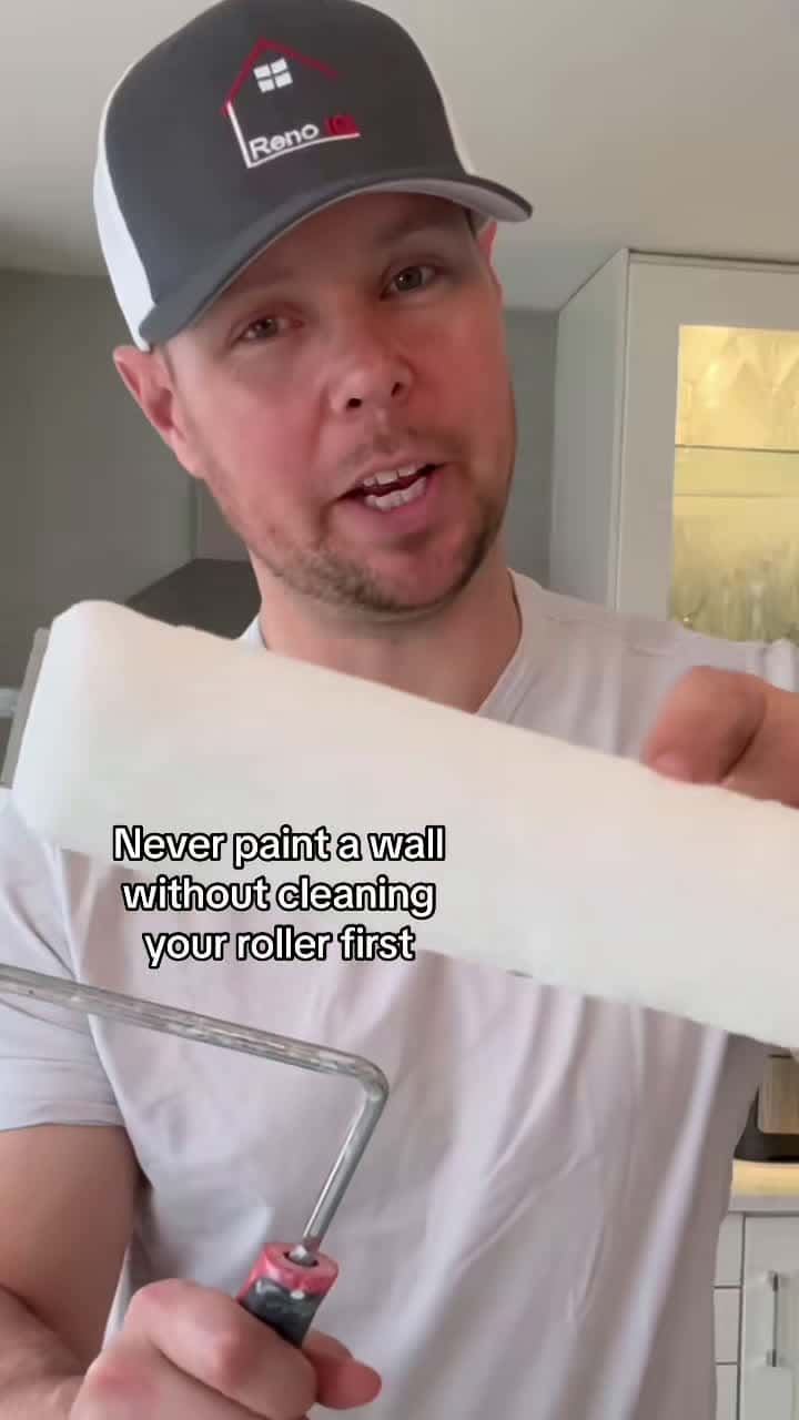Cover for If you’ve ever had to pick pieces of lint from your wall or ceiling after painting, try this next time. All rollers have some loose fibers and if you don’t clean them off, you will find them on your wall. #painting #diy #hometips