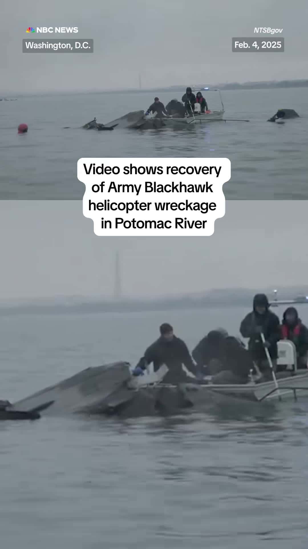 Cover for Video shows the recovery of the wreckage of the U.S. Army Blackhawk helicopter involved in the deadly midair collision with a passenger jet over the Potomac River.