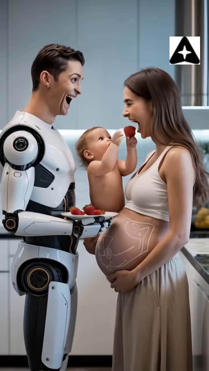 Cover for Baby pretending to give mama the strawberry while robot Cristiano Ronaldo watches. Video generated using Voyages by Weights #cristiano #cristianoronaldo7 #lovers😍 #strawberryshortcake #babylove #robot #fatherson #motherson #familylove #voyages #VoyagesByWeights #Weights #WeightsCom #ImaginedByVoyages  #AIArt #DigitalArt #GenerativeArt #AI
