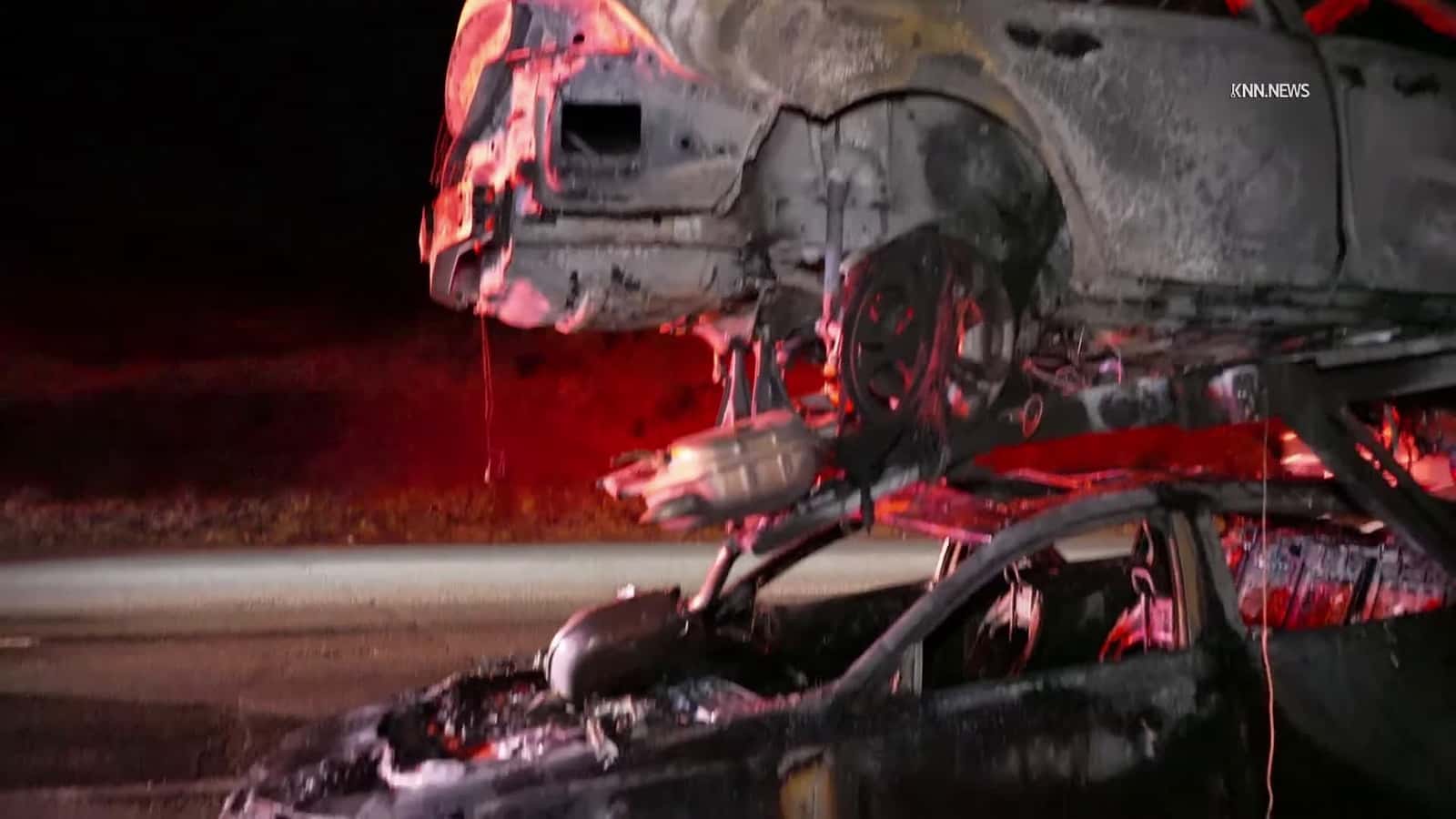 Cover for Car Carrier Blaze on 5 Freeway Destroys Brand New Hondas