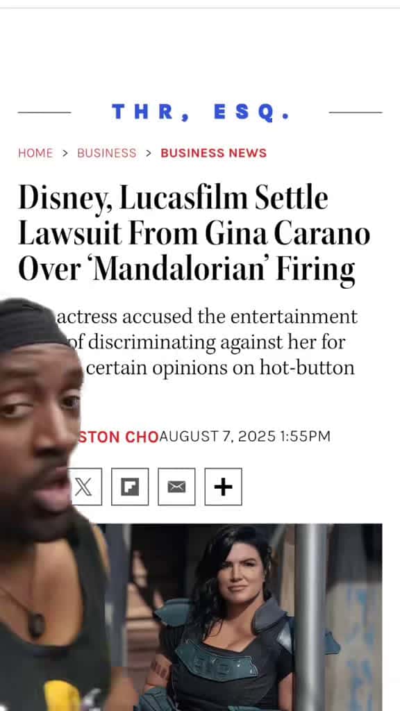 Cover for Gina Carano's Mandalorian saga sparks rumors of a settlement and a heated free-speech debate—did Elon Musk weigh in? 🤔 #GinaCarano #StarWars #FreeSpeech #ElonMusk #Disney
