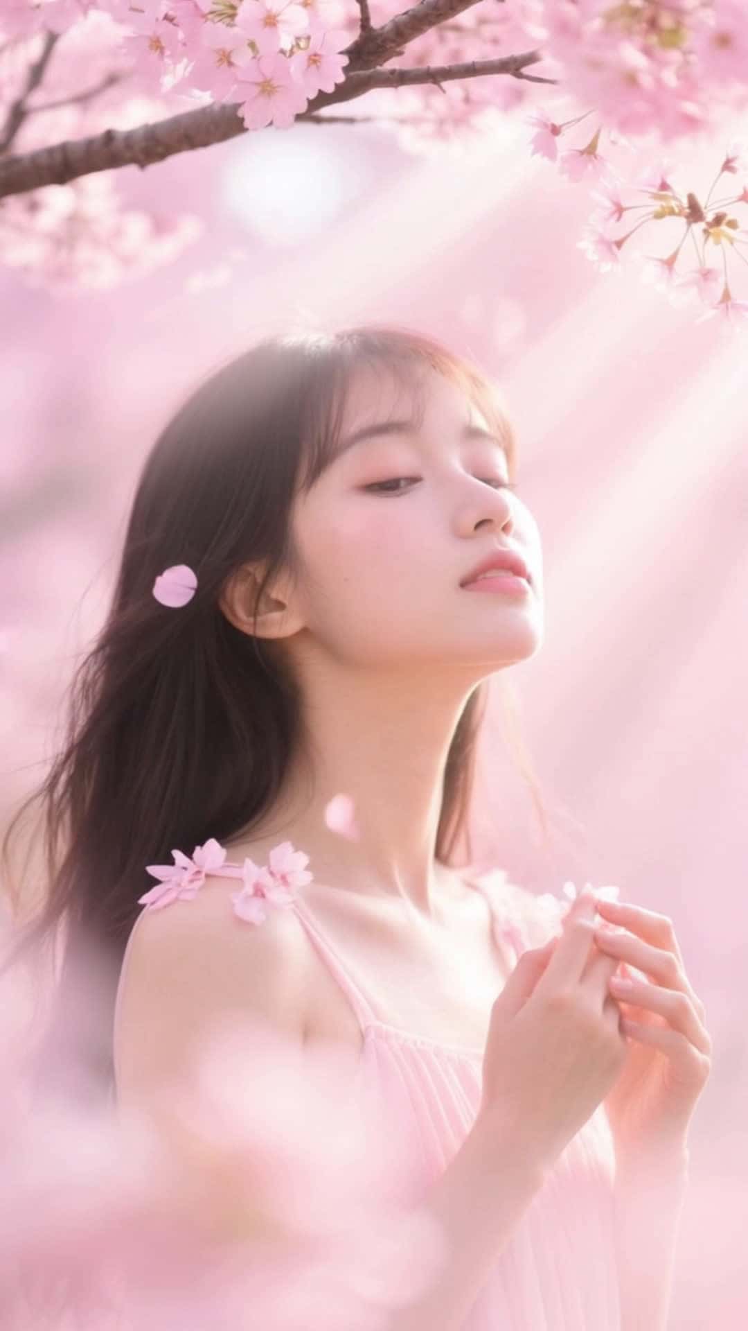 Cover for She doesn't just walk — she floats.Wrapped in soft sunlight and sea breeze,her dress sways like it's dancing with the waves.Every step leaves a shimmer in the air,like pink bubbles popping quietly under a cotton-candy sky....