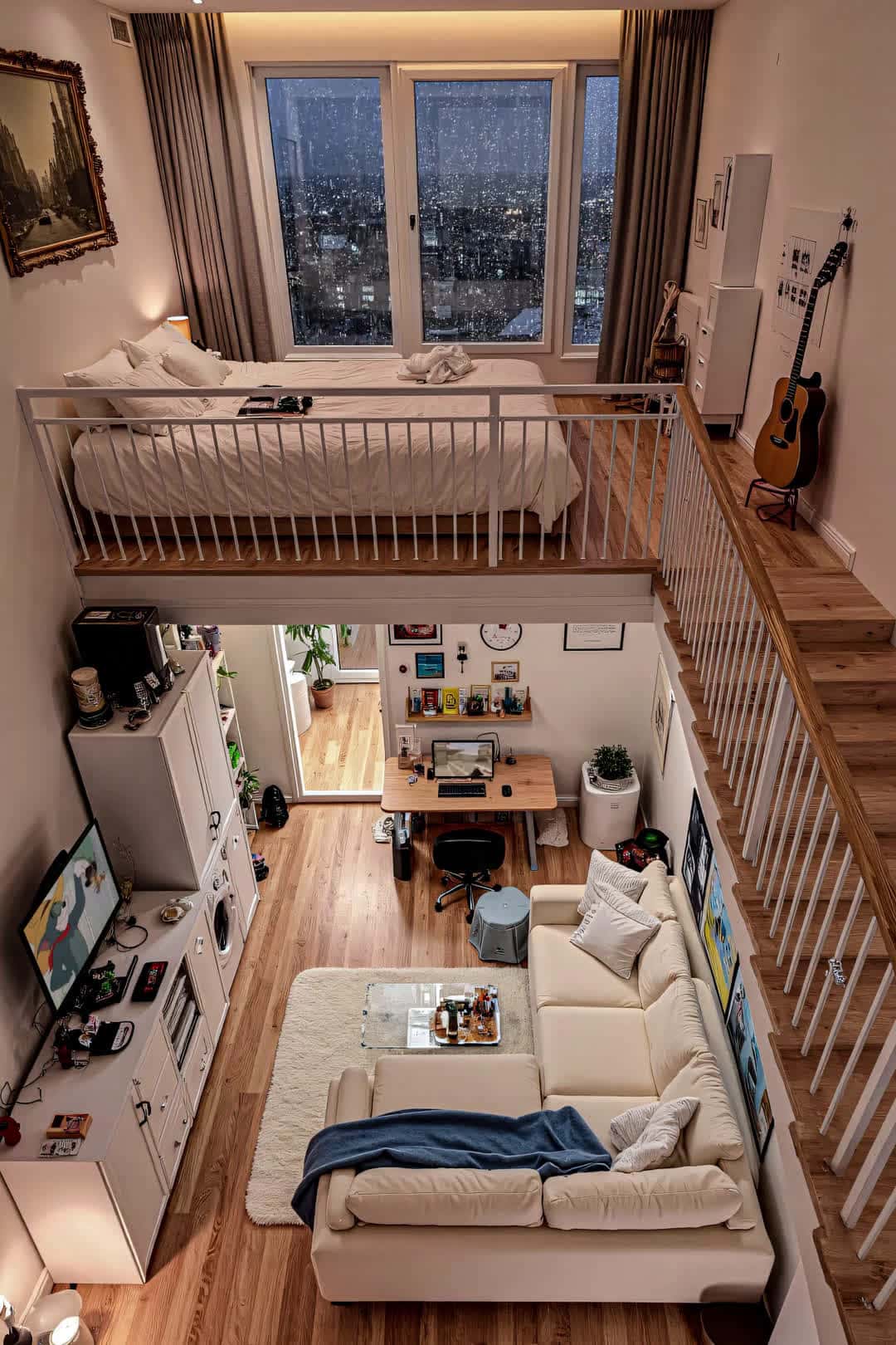 Cover for AI apartment What's your ideal rainy day activity in this undisturbed apartment? #mycozyspace #livingalone #loftliving #dreamapartment #rainydaymood #homedecor