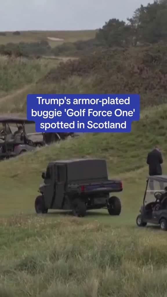 Cover for Donald Trump's new armour-plated buggy has been on display at Royal Turnberry as the president enjoyed a round of golf during his trip to Scotland. It is the latest addition to his security detail, just ten months after he surv...