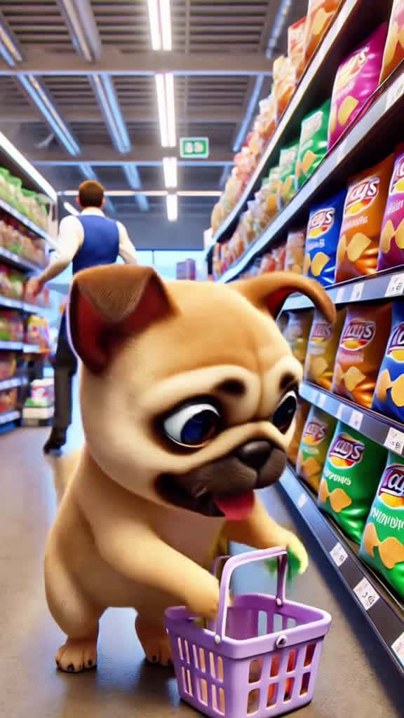 Cover for AI made animation: Cute dog buys chips, shares with kid! #OriginalCartoon#PetStory#KidsFun#AIgenerated#AdorablePets#SharingIsCaring#FamilyJoy