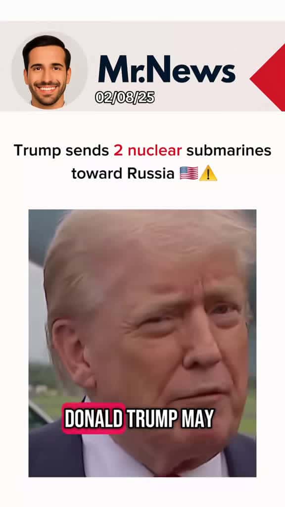 Cover for Trump moves 2 nuclear subs close to Russia after Medvedev’s chilling nuclear warning. Rising tensions, global stakes. #NuclearSubmarines #Russia #Trump #Geopolitics 🚨