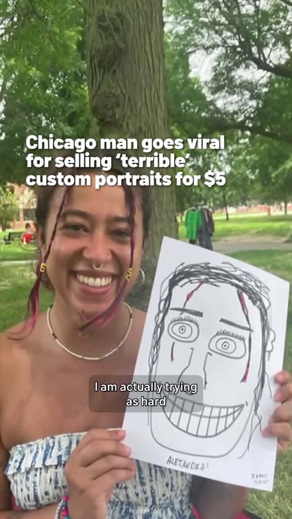 Cover for For just $5, a Chicago artist will give you a custom portrait of yourself -- but don't expect it to be good. In fact, they're terrible. Performer Jacob Ryan Reno did one of his "terrible portraits in 5 terrible minutes" live on...