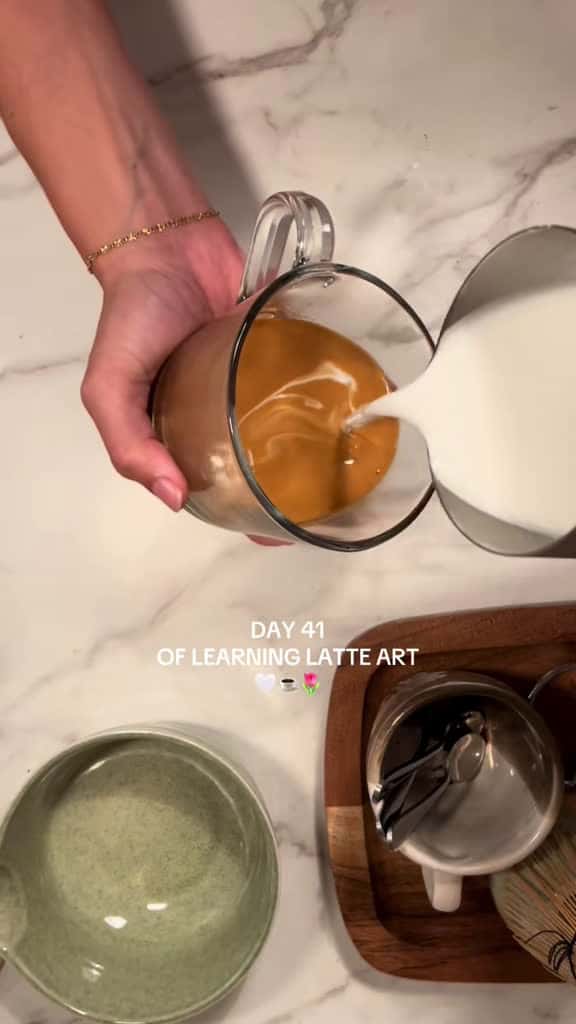 Cover for First attempt at a slow tulip pour! Wish I had a better cup, but loving how the first pour turned out ☕🌷 #latteart #coffeetok #latteathome
