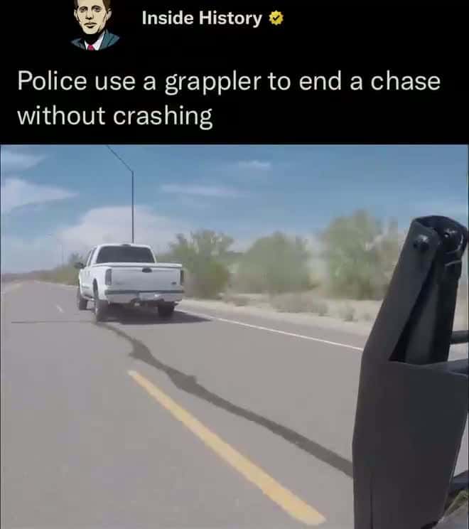 Cover for A police grappler is a device attached to the front of a patrol vehicle that helps safely stop high-speed chases. It operates by deploying a mechanical arm equipped with a net or strap that latches onto the rear wheel of a flee...
