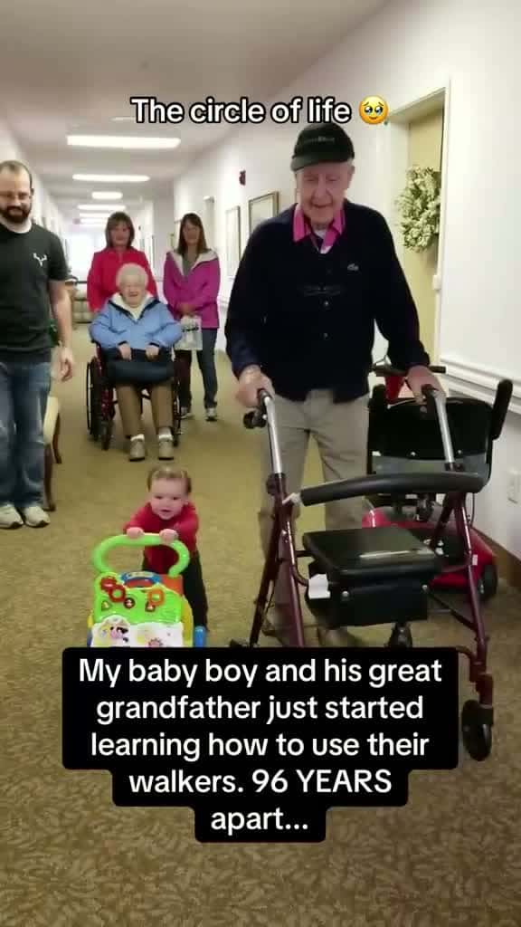 Cover for My baby boy and his great grandfather just started learning how to use their walkers. 96 years apart!