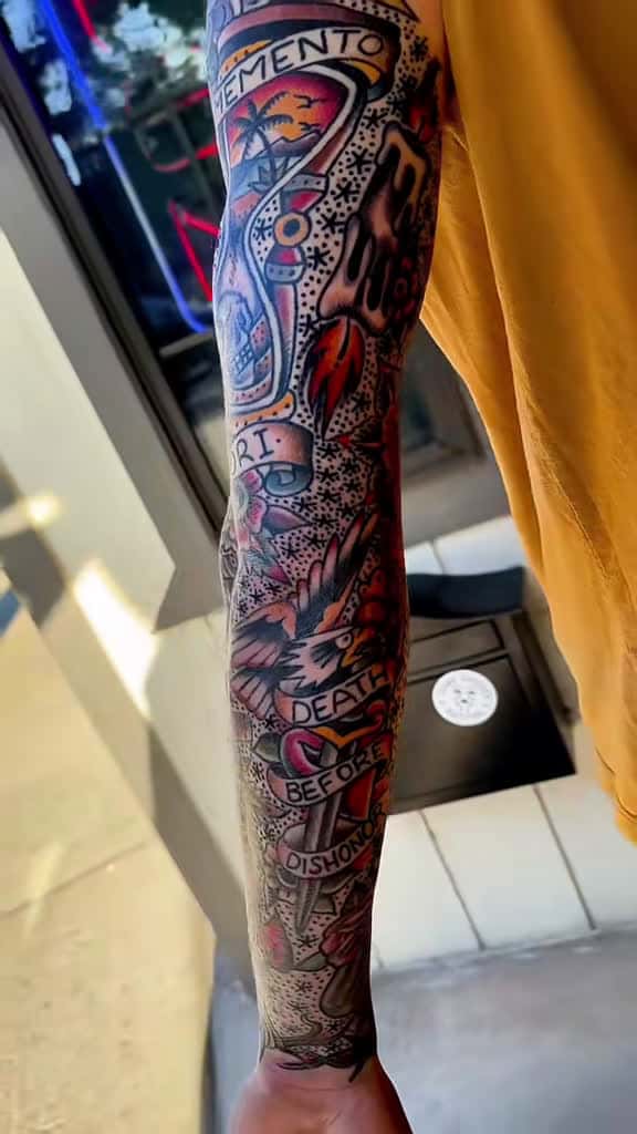 Cover for On this day, the full sleeve finally comes together 🤝 Inner forearm piece by another artist #AmericanTraditional #TraditionalTattoo #FullSleeveTattoo #TattooReveal