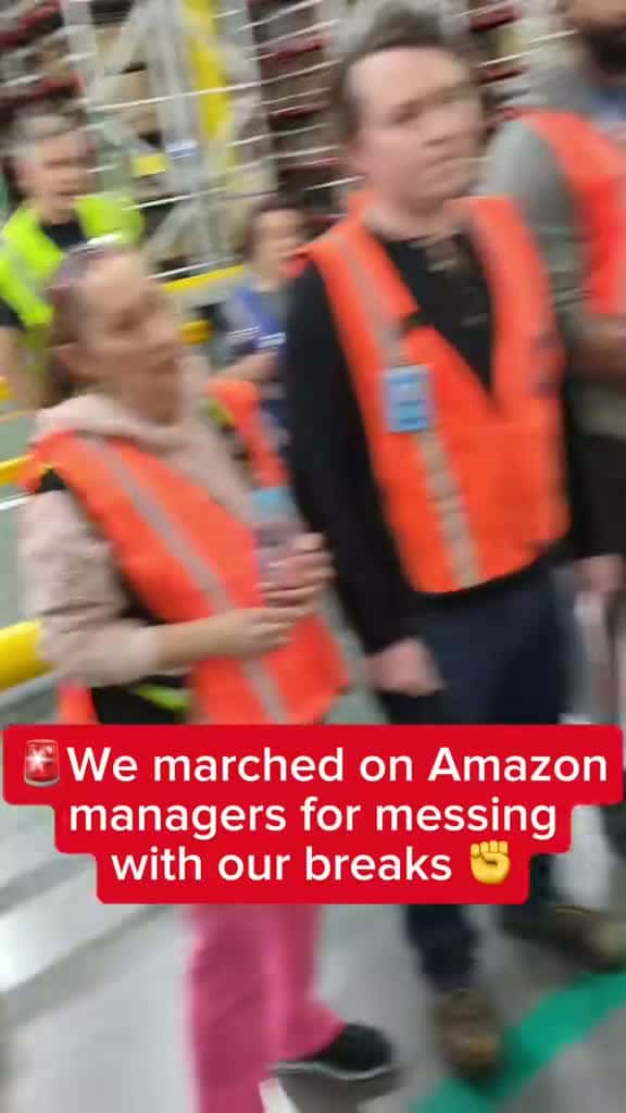Cover for Amazon combined our two 15 minute breaks, meaning we have to do this grueling job for 4+ hours without a rest. People at SWF1 are getting hurt. Thirty of us marched on management this week to deliver a petition from about 200 coworkers demanding that Amazon put our safety ahead of their profits. Now is the time to get involved and win the good jobs we deserve! Click the link in our bio to connect with us. #TimeForChange #MakeAmazonDeliver #1u #Teamsters #Unions #UnionStrong #SolidarityForever #A