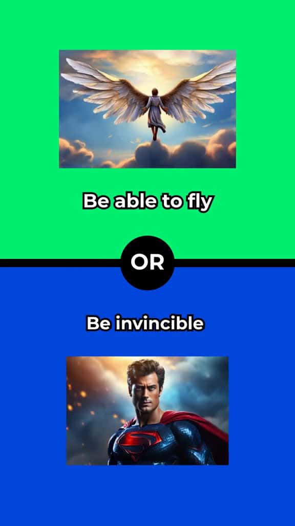 Cover for Be able to fly or be invincible# #Wouldyourather #chooseone #pickone #game #quiz #fun #wouldyouratherquestions