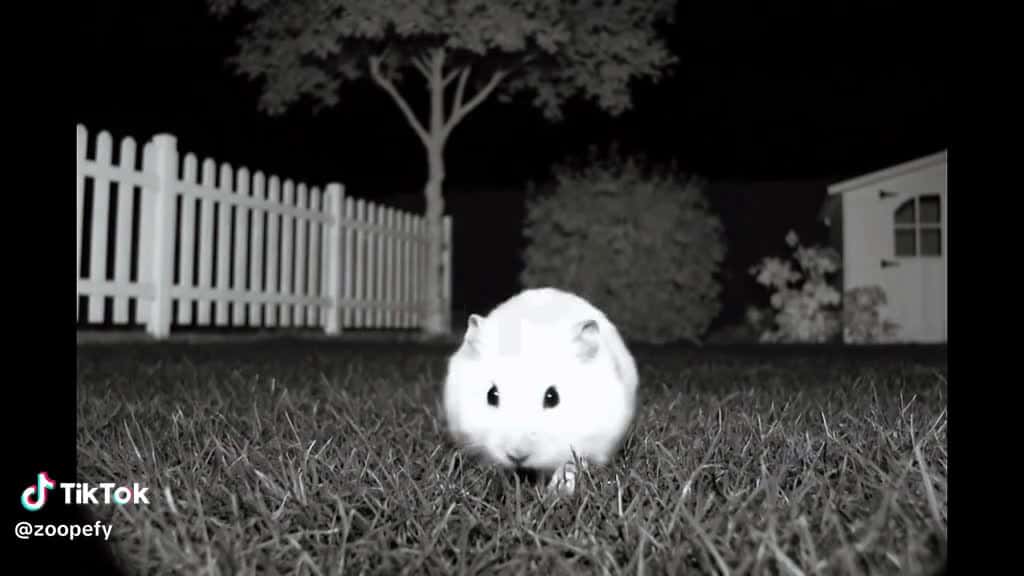 Cover for A cute fluffy hamster spotted on a backyard night camera walks up close and gives the sweetest little wink! 🐹✨ #HamsterCam 