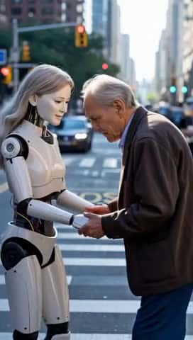 Cover for #elonmusk Robot Helping the Elderly Cross the Street #teslamodel3 #teslacheck #goodthings #begood #begoodtopeople #begoodtoyourself #robot #robots #technology