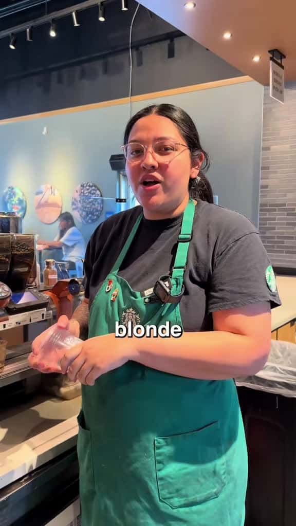 Cover for Lauren's go-to drink you need to try: 4 blonde ristretto shots over ice in a grande, with 2 pumps white mocha, 2 pumps brown sugar, extra ice, and a splash of oat milk. 🍫🧊 #Starbucks #Coffee #Barista #DrinkOfTheDay