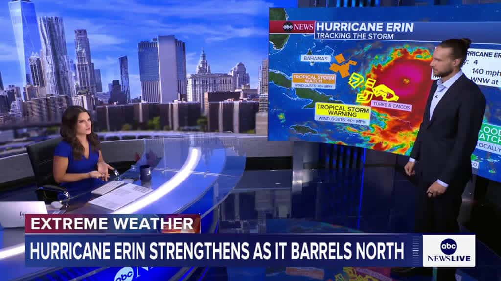 Cover for Hurricane Erin, now a powerful Category 4 storm churning in the Caribbean, is not forecast to hit land, but it will bring large waves and dangerous rip currents to the U.S. East Coast. ABC News' Kenton Gewecke has the latest on...