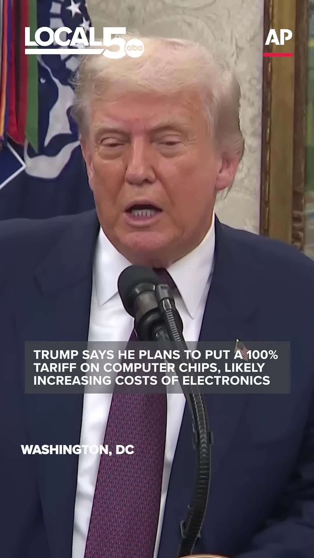 Cover for Trump says he plans to put a 100% tariff on computer chips, likely increasing costs of electronics