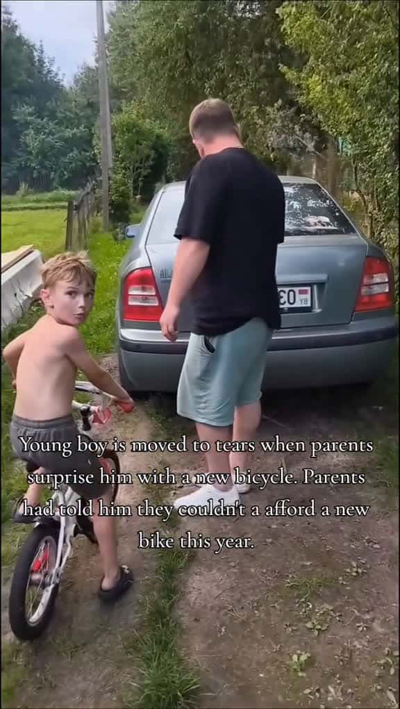 Cover for Young boy is moved to tears when parents surprise him with a new bicycle. Parents had told him they couldn't a afford a new bike this year. created by Good News Correspondent with Tony Anderson’s Fleurie