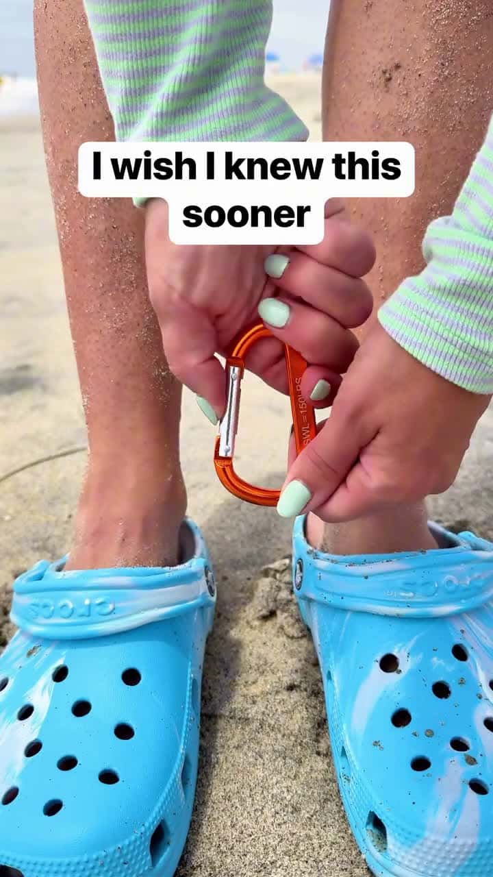 Cover for Clip a carabiner to clogs or sandals to help keep keys and other small items from getting lost at the beach or anywhere you don’t have pockets #beachtime #sandals #keys #clogs #lifehacks 