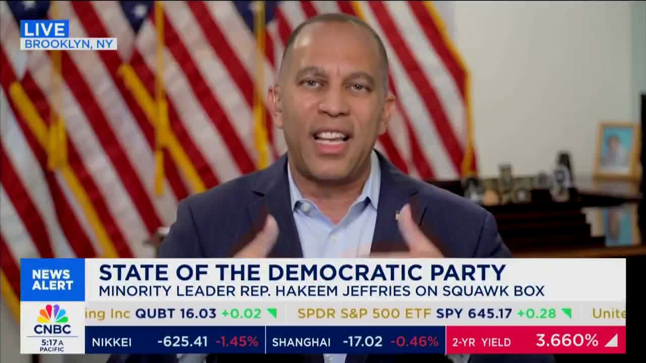 Cover for Mr. Bobblehead CANNOT answer these straightforward questions about Mamdani's socialist policies. CNBC: "Where do you land on things like freezing rent, free buses, free food at supermarkets?"Jeffries: "Trump's poll numbers are