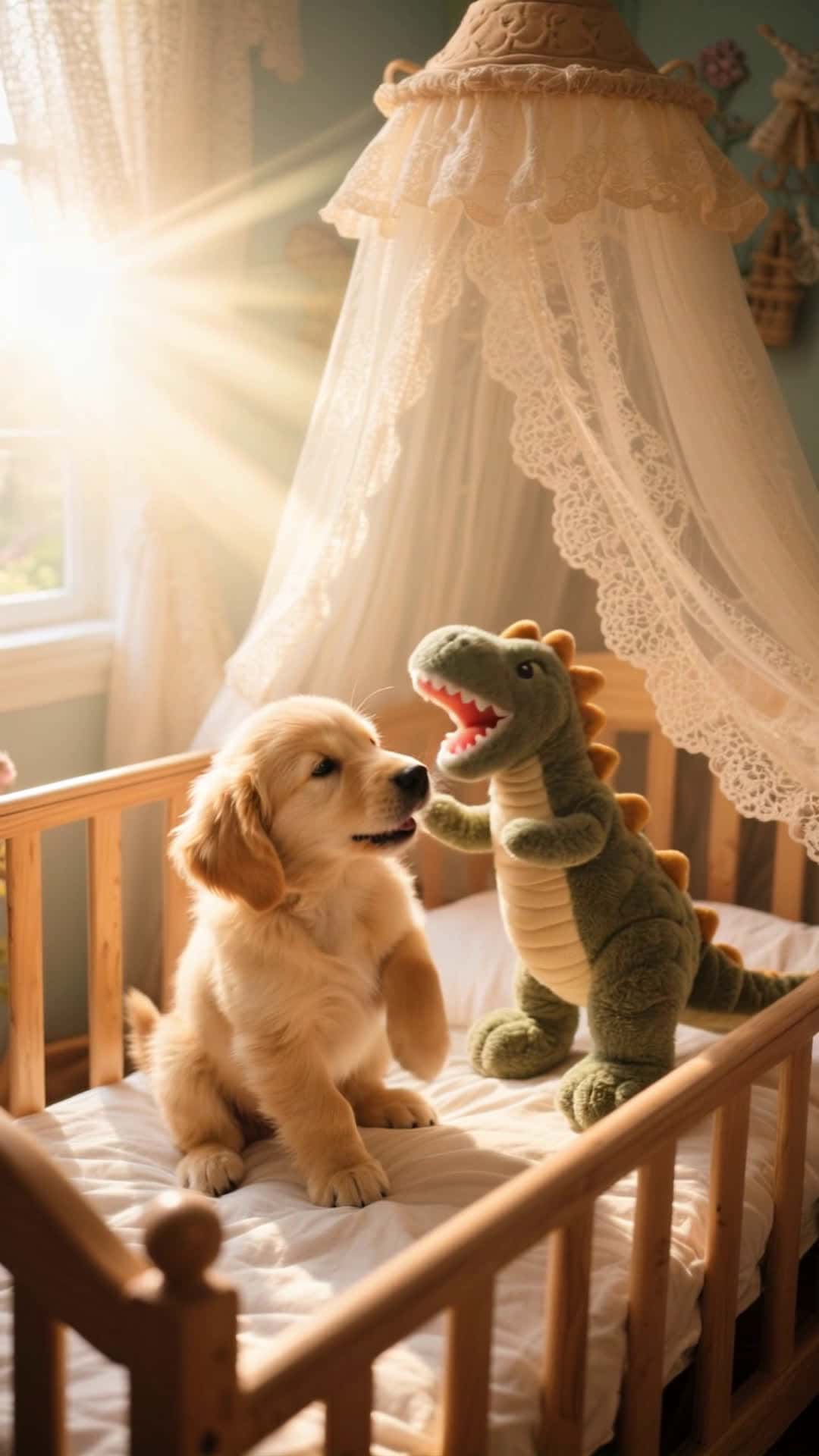 Cover for The little golden retriever and his dinosaur friend~ 🐶🦖 #dog #healing #ai #cute 