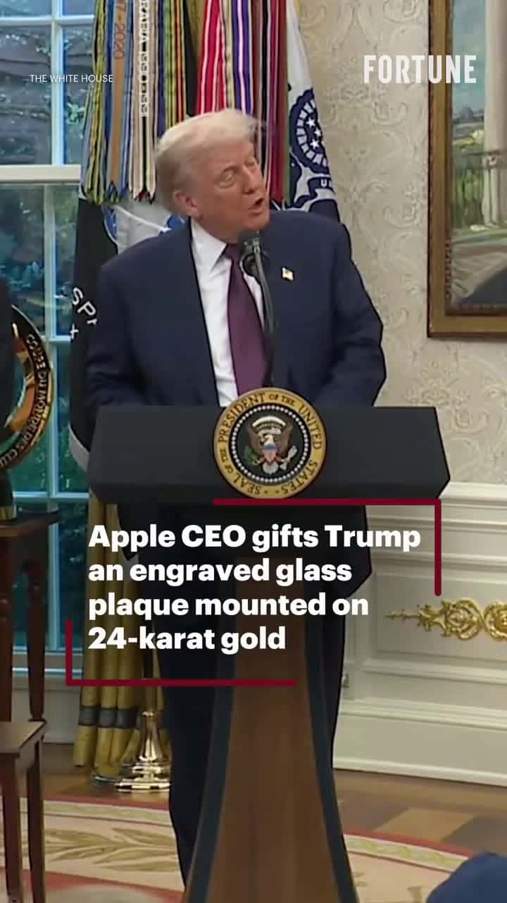 Cover for “It’s a unique unit of one."⁠⁠Apple CEO Tim Cook on Wednesday gifted President Trump with a plaque made of glass and 24-karat gold after the company announced another $100 billion investment in the U.S.⁠⁠President Donald Tr...
