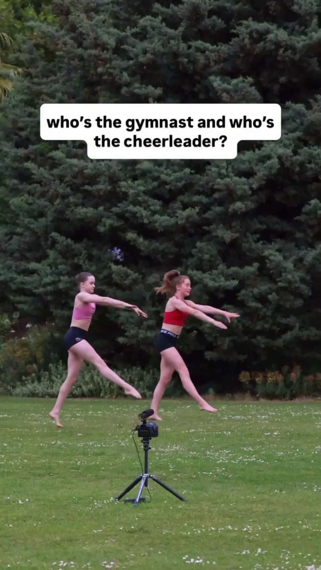 Cover for Everyone is saying the toes but I was thinking on how they land? Pink lands and has to take a step back and red lands two feet perfectly. So I think red is the gymnast and pink is the cheerleader.