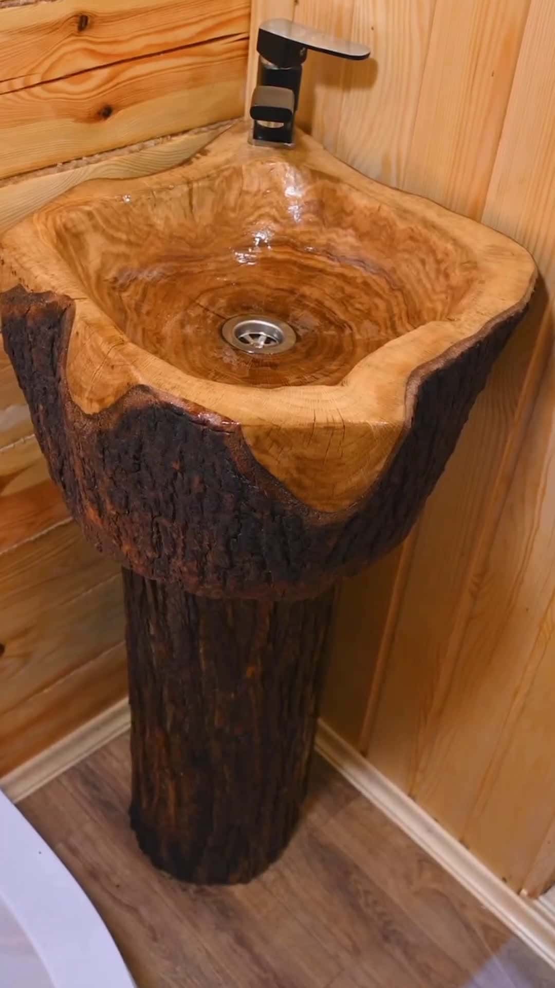 Cover for I made a custom oak root sink for my sauna shower room and it was much easier than I thought.👍Thanks everyone for watching and wonderful comments.😊🌲#sink #woodsink #logcabin  #cabin #cabinvibes #wood #bushcraft #makers 