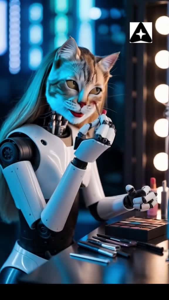 Cover for Robot cat doing makeup #wildcat #robot #orangecat #kittycat #makeup #makemefamous #makeuptransformation #trendingnow #fyp #govira #goviraltiktok♥️ #voyages #VoyagesByWeights #Weights #WeightsCom #ImaginedByVoyages  #AIArt #DigitalArt #GenerativeArt #AI