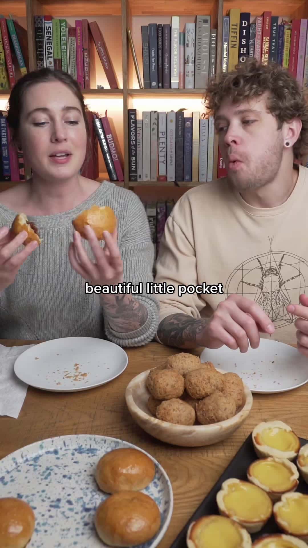 Cover for Day 3 cooking out of “The Woks of Life” and we’re doing a Dim Sum Day! Today’s Menu: 1. Char Siu Bao 💥 2. Taro Puffs 💡💥 3. Hong Kong Egg Tarts 💡💥 📝 we mispronounced “taro” during the taste test, but didn’t realize it until editing.