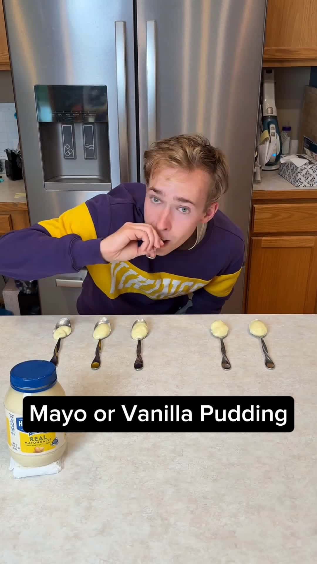 Cover for Don't Eat the Mayo 😂Dad, Mom, and the family play funny roulette food game in their kitchen where they each try a spoon with either vanilla pudding or mayo on it.