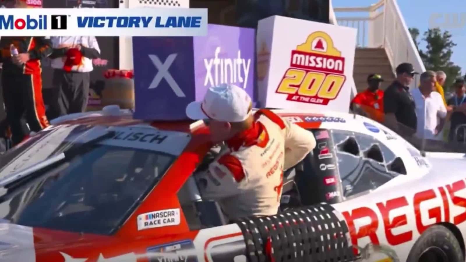 Cover for NASCAR driver Connor Zilisch, 19, sustained a broken collarbone after falling from the roof of his car during a victory lane celebration following his win at the Mission 200 at Watkins Glen International on August 9, 2025.