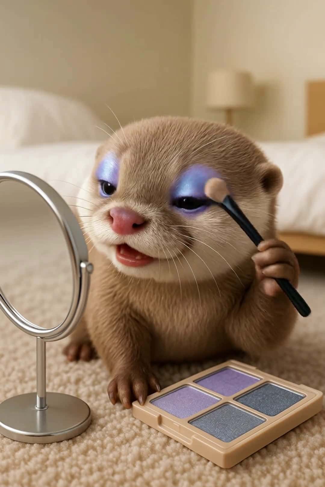Cover for AIotter’s tip: Busy? Take time to makeup, stay happy all day! #OtterCuteness#AIContent#SelfLove#GlamUp#HappyMornings