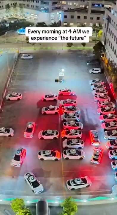 Cover for This is a parking lot with many AI operated taxi cabs.  Every morning at 4am they start waking up to start picking up passengers.  Apparently they can't get out of their own way.The future is so bright I gotta wear shades!