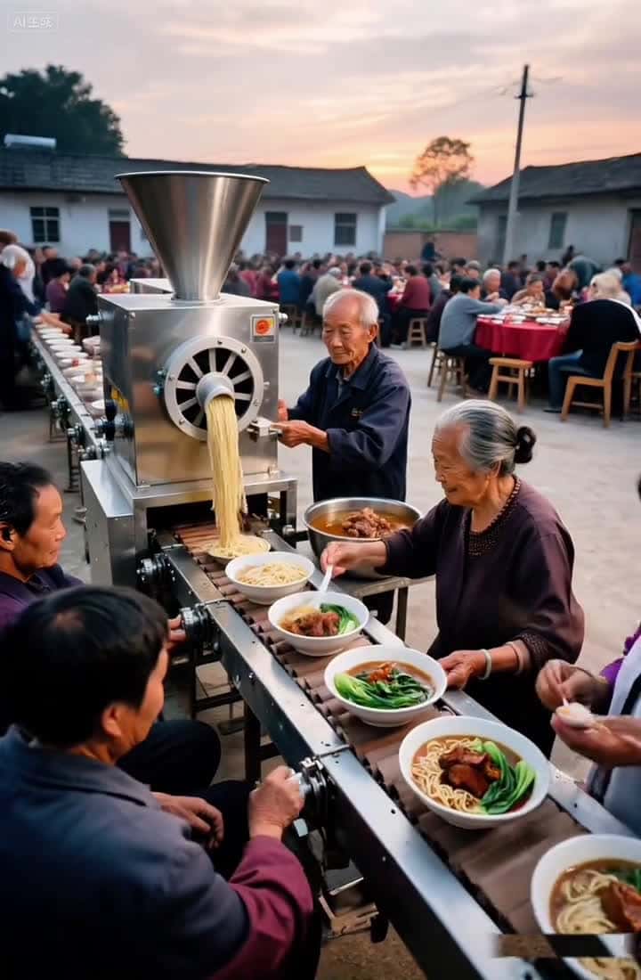 Cover for AI Village Scene: Flowing noodles party! Machine-made, shared with locals. The warm, real life we love. @Xiaoman🌾 #RuralCharm #CountryLiving #VillageGatherings #AIvideo #CozyVibes