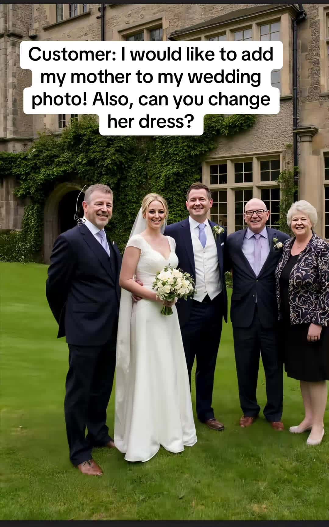 Cover for Customer: I would like to add my mother to my wedding photo! Also, can you change her dress? #MemorialPortrait #CustomPortrait #DigitalArt #PersonalizedGift #PortraitArt #ArtForMemories #InLovingMemory #DigitalMemorial #LossAndLove #MemorialGift #GoneButNotForgotten #ForeverInOurHearts #RememberingLovedOnes #MemoriesThatLast #ArtOfLove #TributeArt #EmotionalArt #HonoringMemories #TikTokArtists #ArtTikTok #TikTokArtCommunity #CustomArtTikTok #TrendingArt #GiftIdeas #PersonalizedGifts #UniqueGifts