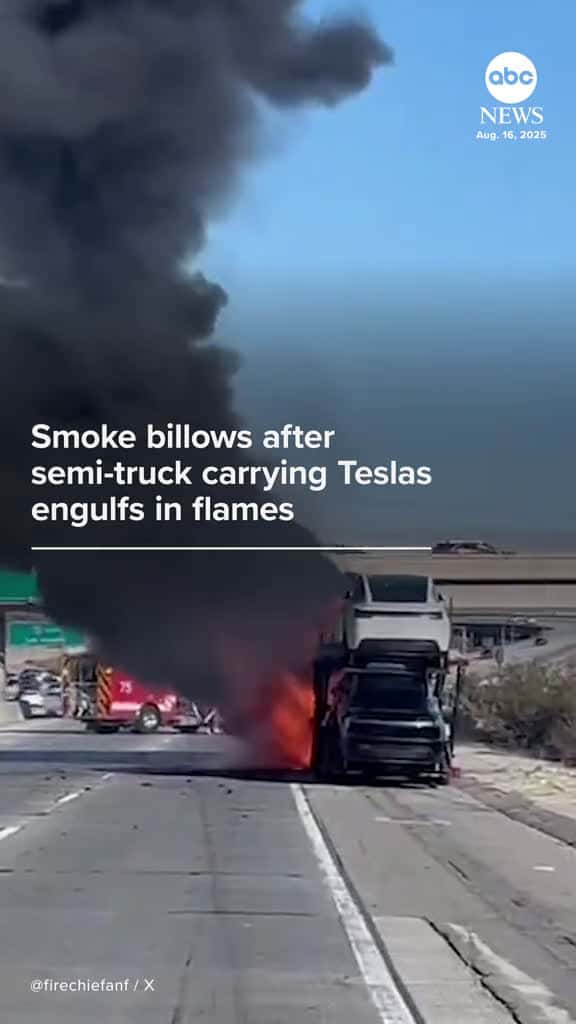 Cover for Part of the I-5 freeway was shutdown on Saturday after a semi-truck carrying Teslas caught on fire, according to local news reports. #california #I5 created by ABC News with ABC News’s original sound - ABC News