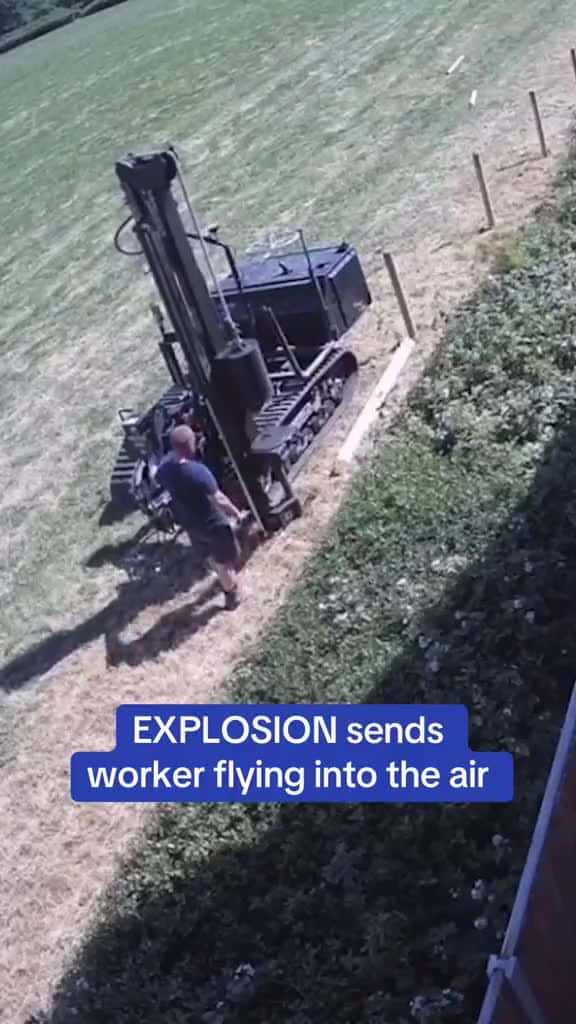 Cover for A man was miraculously unharmed when a massive gas explosion was triggered underneath him. Contractor Elliot Kirk was building a fence when the post knocker he was using struck an underground gas main in 2022. He and the company 