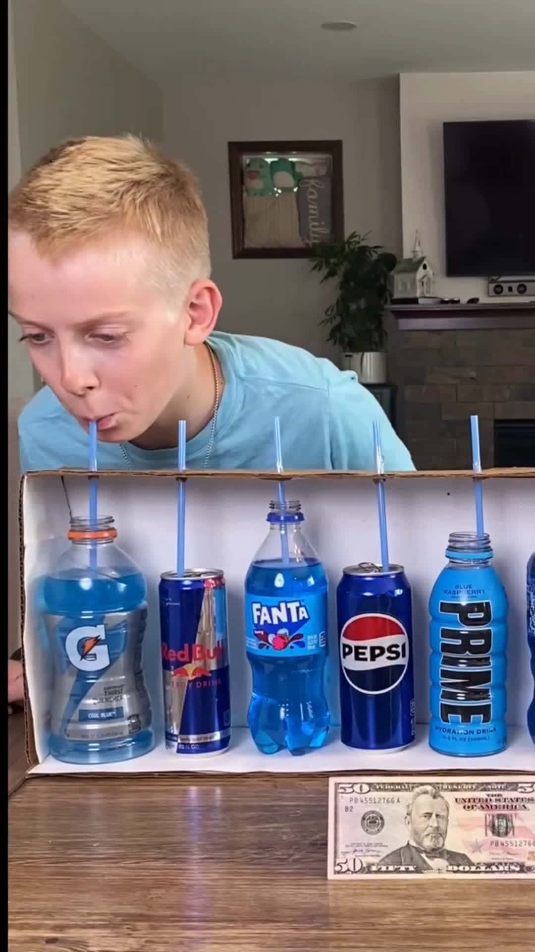 Cover for Taste The Blue Drinks Correctly, Win $50 💵A boy plays a taste test challenge using only blue drinks. Could you guess all the drinks correctly to win $50? (for entertainment purposes only)