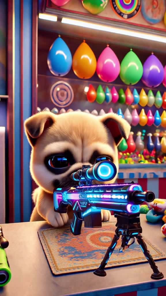 Cover for AI doggy picks toy gun, boy wins huge teddy bear prize! #AICreation#PetAdventures#CutePuppy#BalloonPop#FamilyJoy