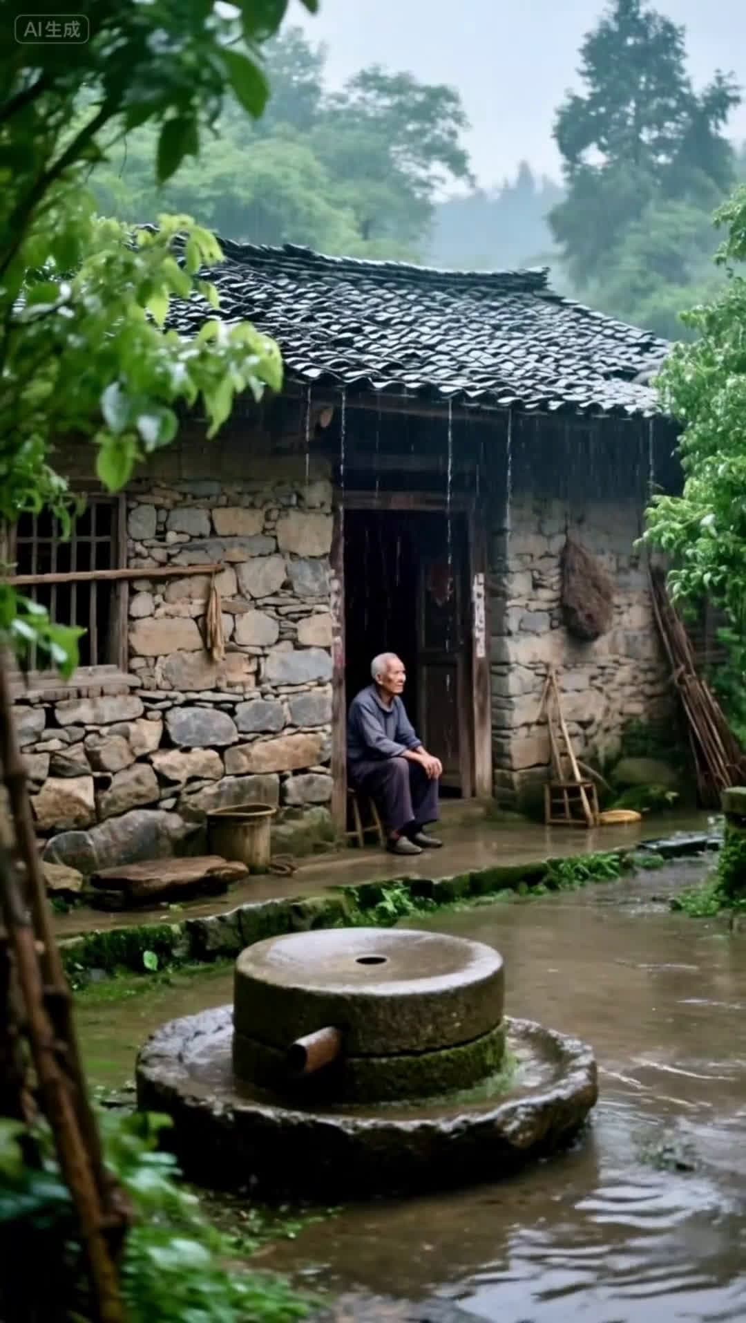 cover for AI Rainscape: Listening to rain soothes, watching it releases. Raindrops on leaves calm the soul. #CountryLife#Nostalgia#RainyDay#RuralScenery#NatureRelaxation#ASMR