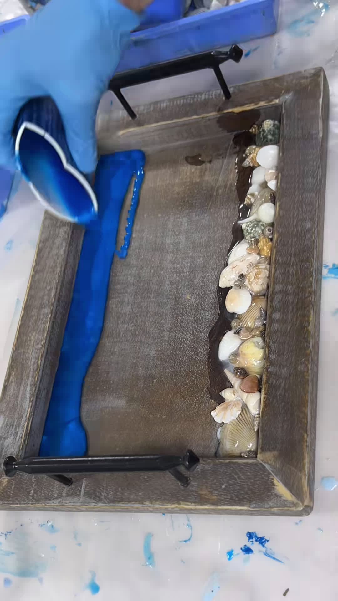cover for #karenhammondart  Pouring epoxy resin waves in wood tray with super DC mooth river rock shoreline.  #resinart #epoxy #resin #resinartist @Imagine Dragons #loom