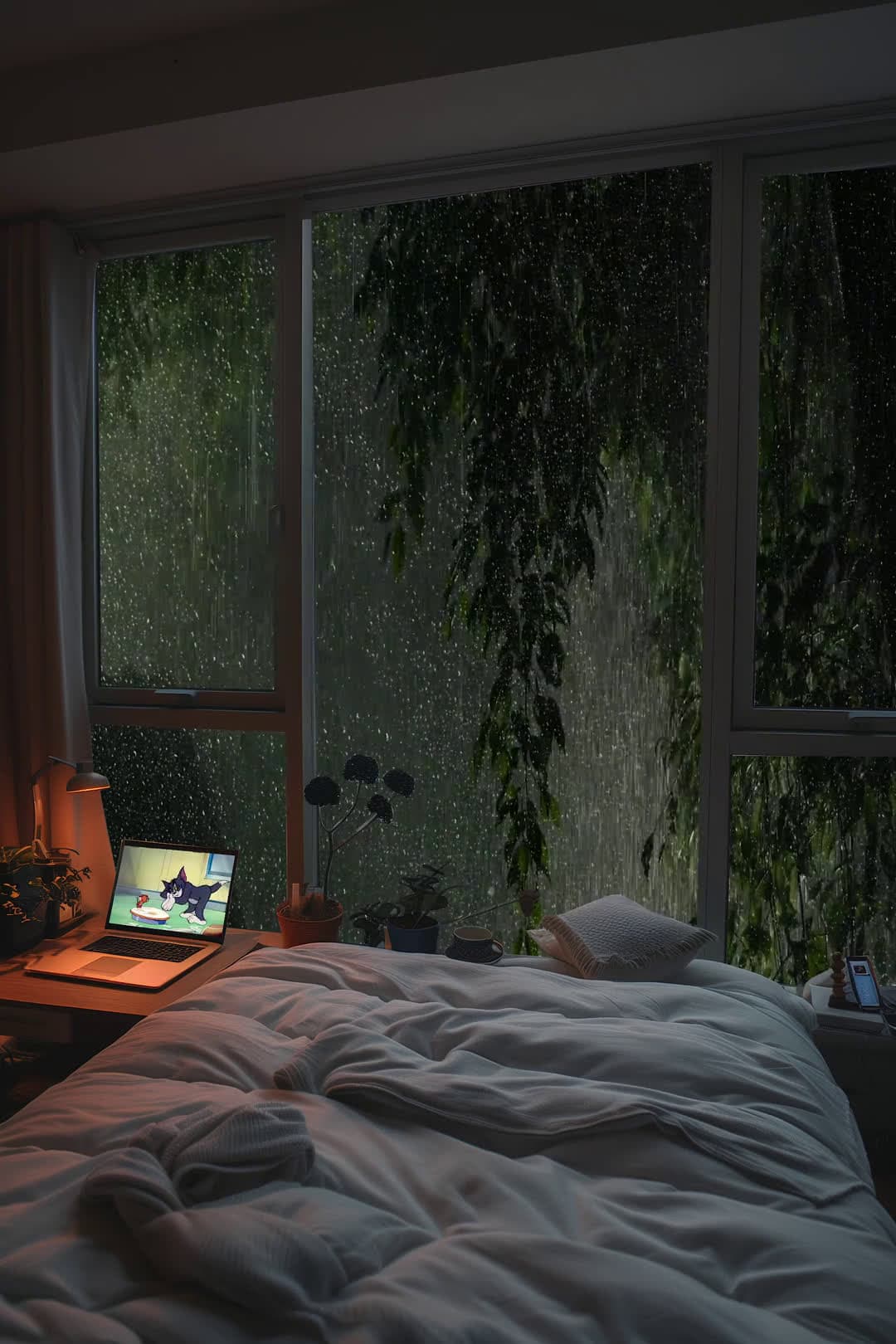 cover for AI ComfortZone: Snow outside, clean hair, cozy clothes, bed, phone charged, new episode, rain sleep. Bliss! #HappinessBoost#CozyEvening#WinterNights#AIVideo#RainSounds