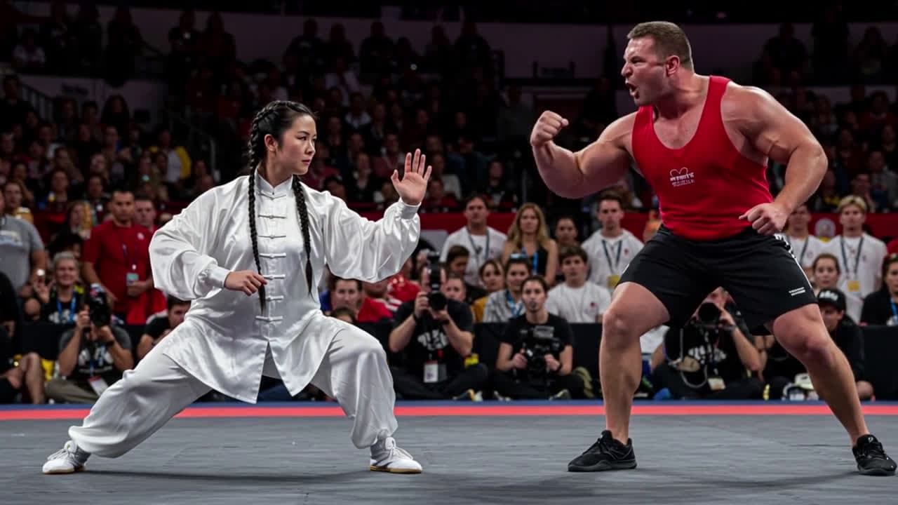cover for AI KungFu clash: Female warrior vs strongman #KungFu#ChineseWushu#FightScene#AIgeneratedvideo#MartialArts