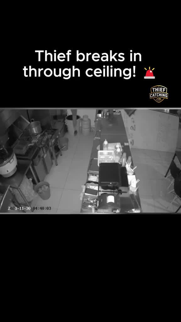 cover for Thief breaks in through the ceiling at night and triggers the alarm! 🚨 #ThiefCaught #CaughtInTheAct #SecurityFootage