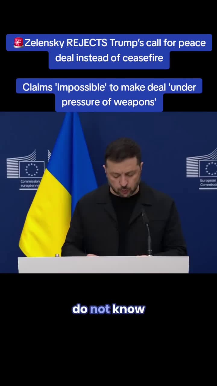 cover for Zelensky rejects Trump's call for a peace deal, saying a ceasefire is the only path and a weapons-driven deal is impossible. European leaders weigh in. #Zelensky #Ukraine #Ceasefire #Trump #UkraineNews