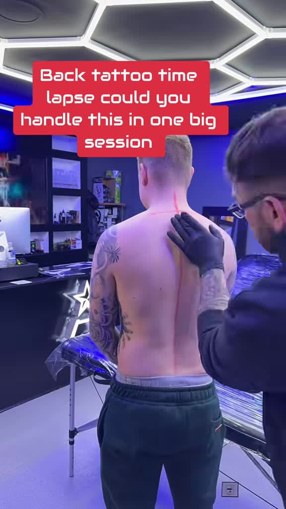 cover for Epic back tattoo time lapse! Could you handle this in just one session? 💀🖋️ #BackTattoo #TattooSleeve #TattooArt