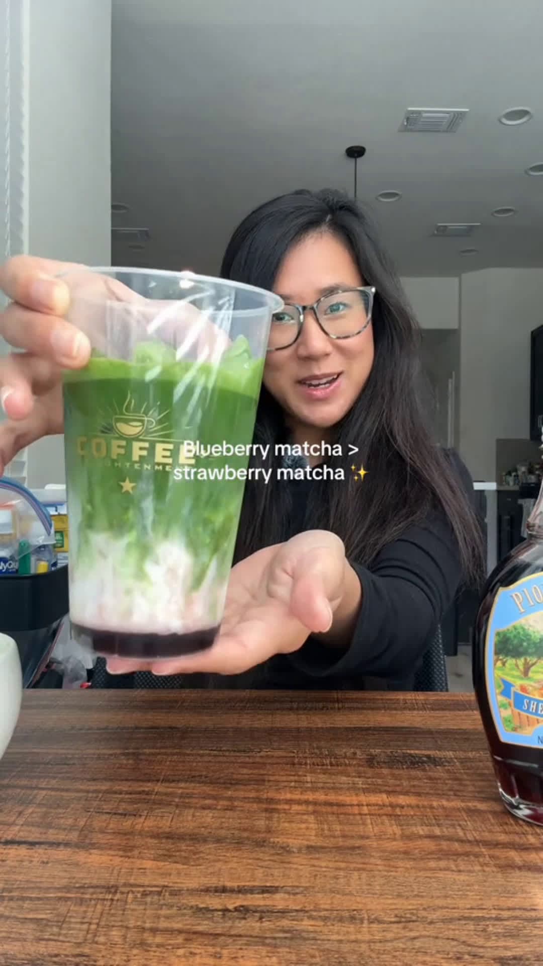 cover for Blueberry Matcha Latte Mary's Way: - 2 tsp matcha (used Kanbayashi Shunsho today )- 1/4 C water- 1/4 + 1/8 C 2% lactose-free milk - Sherri's Blueberry pancake syrupThank you, Mary's Milk Tea & Munchies @milkteawithmary on TT